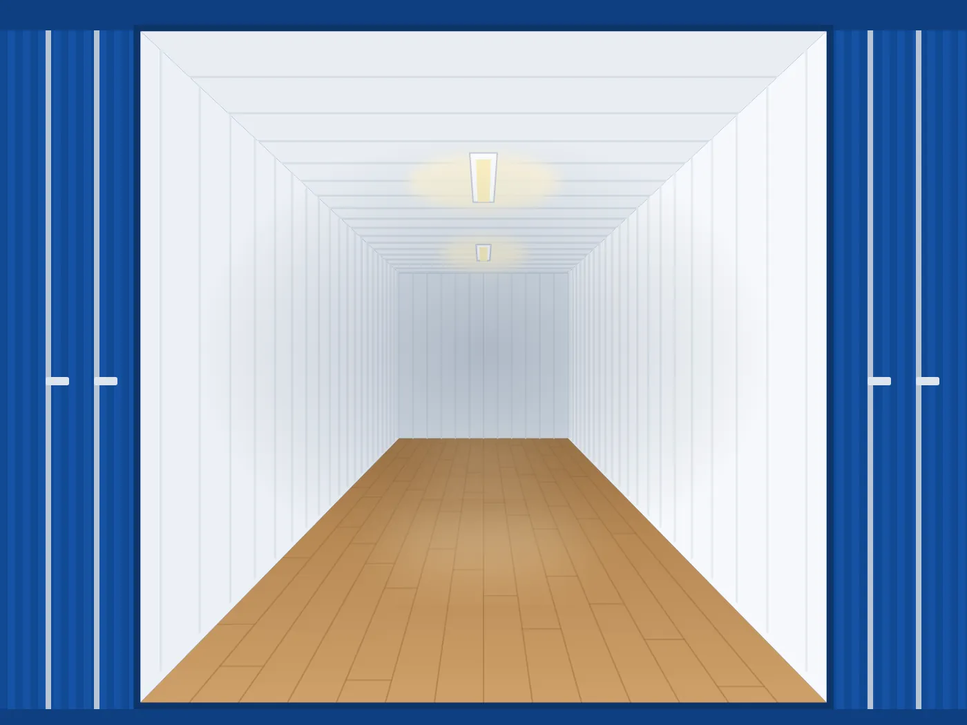 Illustration: Blick in einen leeren Container mit weißen Wänden, Holzboden und zwei LED-Lichtleisten an der Decke